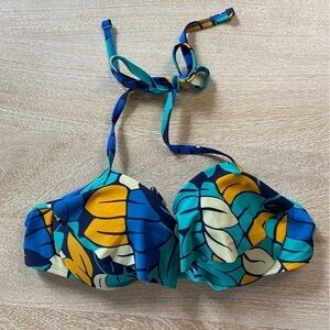 Aerie Padded Lightly Lined Supportive Retro Inspired Ruffle Blue Orange Swim Top